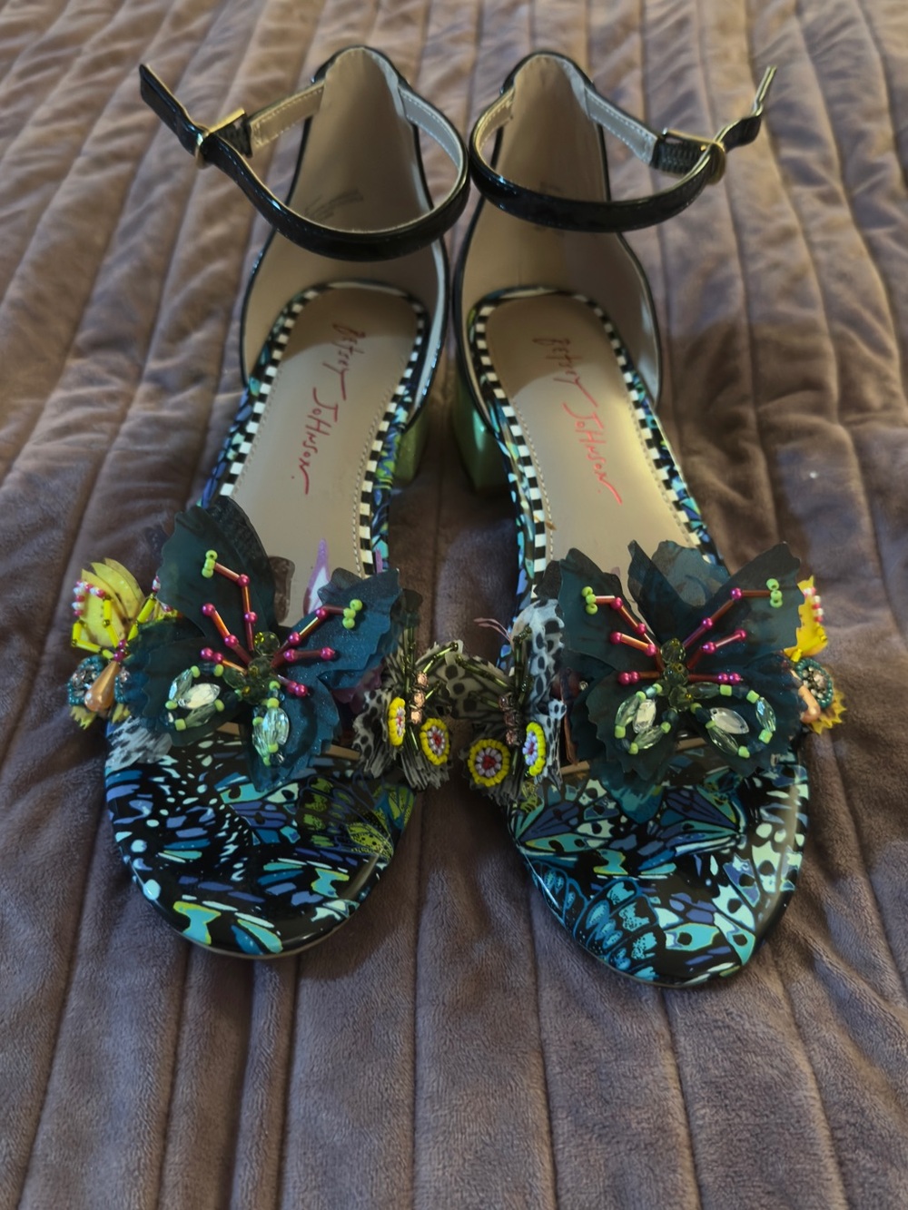 Betsey Johnson Blue Floral Beaded Ankle-Strap Sandals - Picture 3 of 5